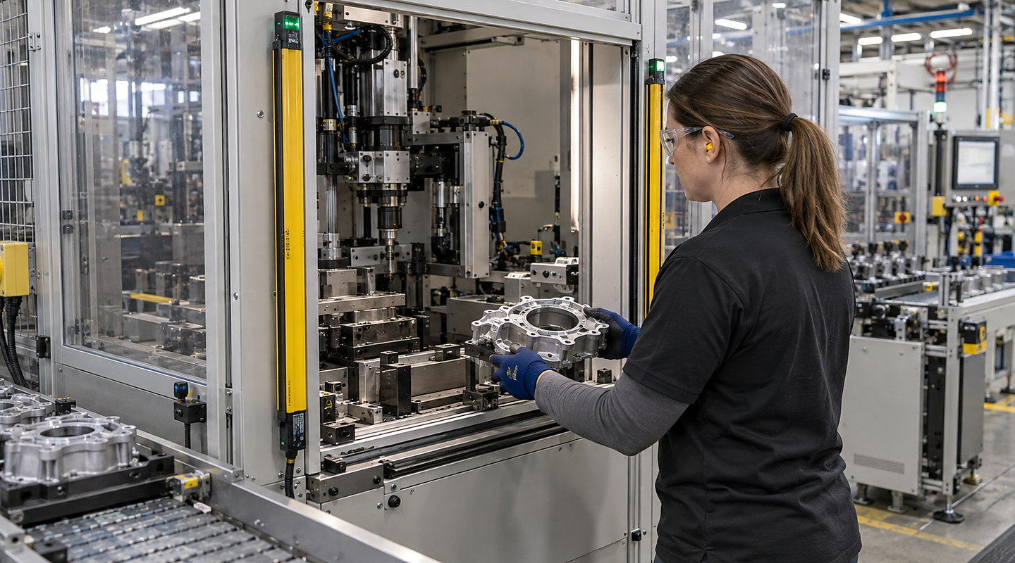 An operator loading a machine through a correctly mounted light curtain, with guarded sides and status indicators visible.